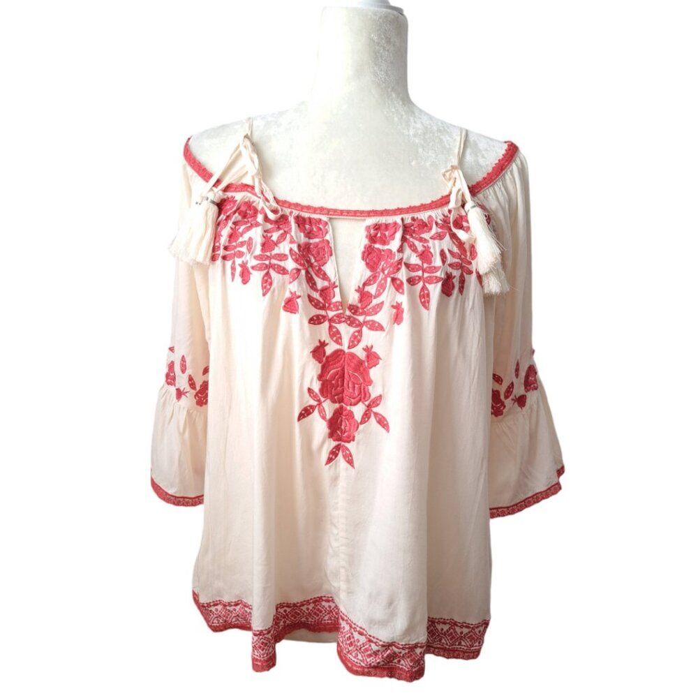 Love Sam Women's Cold Shoulder Salmon Pink Embroidered Boho Hippie Top  Sz XS
